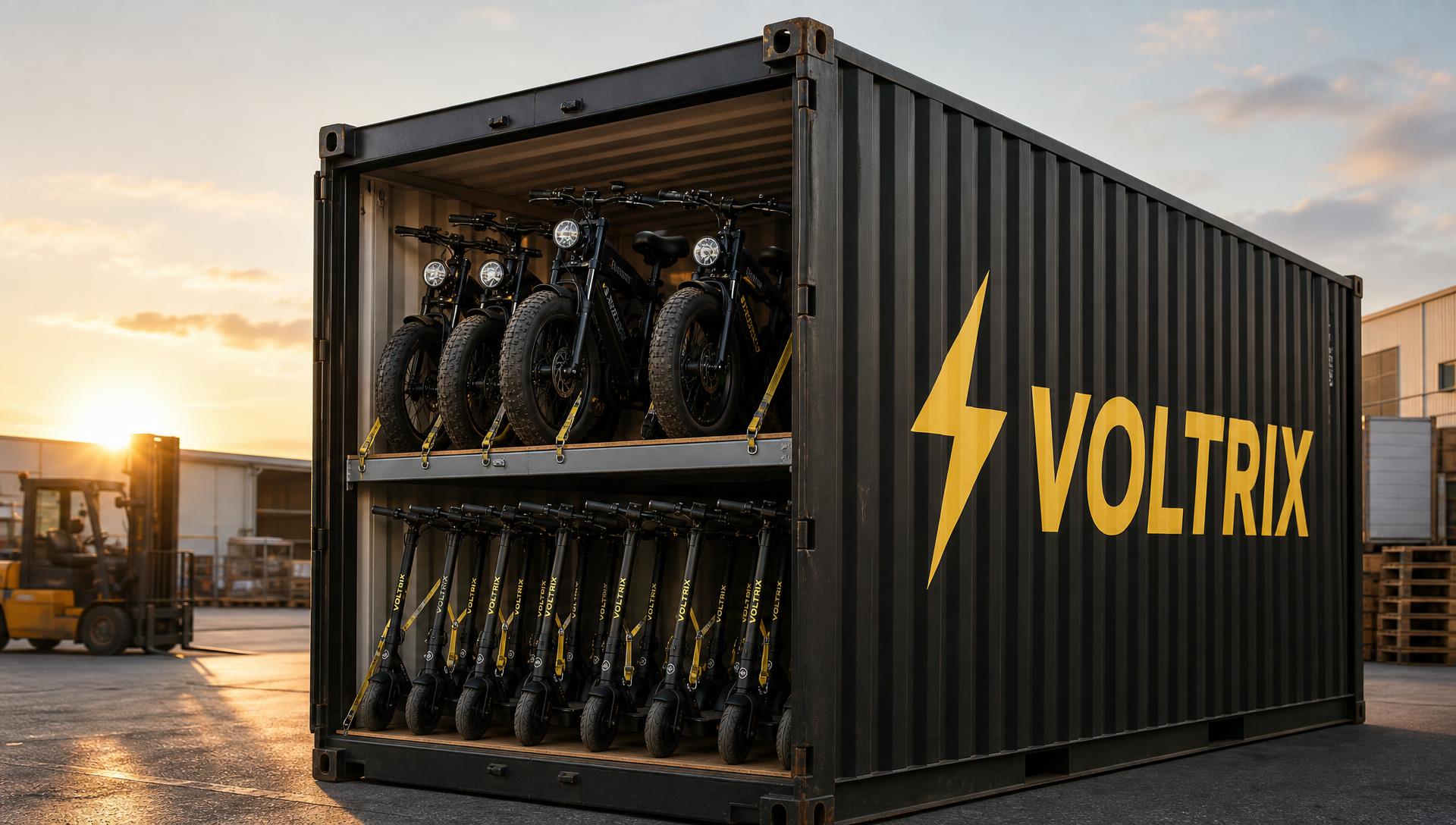 Container Voltrix carregado de bikes e scooters elétricas